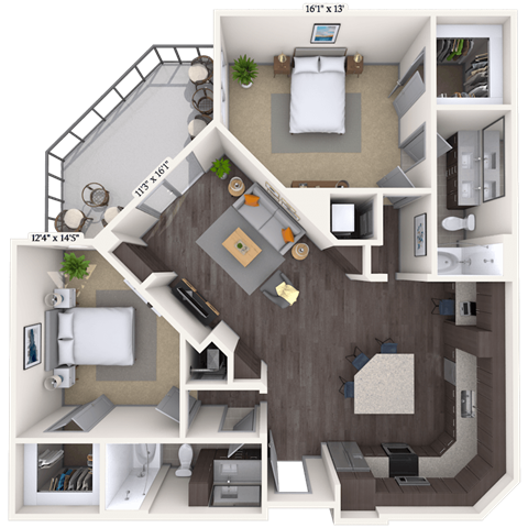Floor plan for 2 beds, 2 baths, 1225 sqft